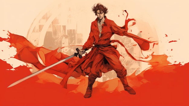 Dynamic Red Man With Sword Ethereal Illustration In The Style Of Adam Hughes