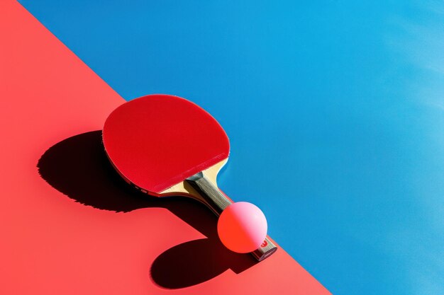Photo dynamic red table tennis equipment on vibrant blue table with shadow