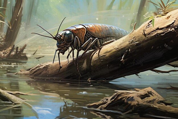 Photo dynamic roach gliding along submerged log snags