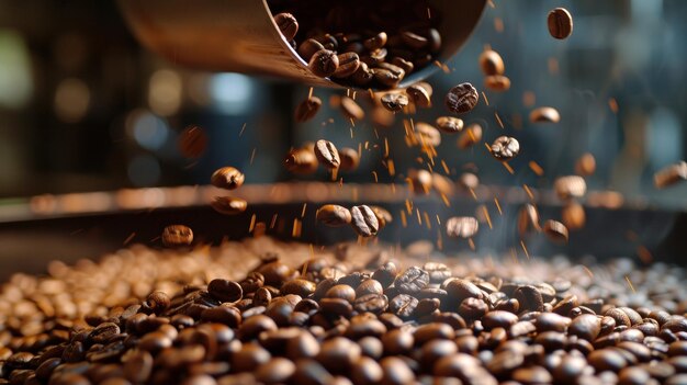 Foto processo di torrefazione dinamico fagioli di caffè freschi in cascata nella torrefazione con scintille