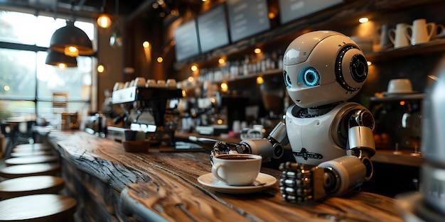 Dynamic Robot Serving Coffee in a Modern Caf Concept Robot Barista Futuristic Coffee Shop Robotic Service Modern Technology Innovative Cafeteria