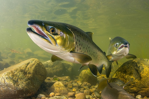 Photo dynamic salmon swimming upstream to spawn