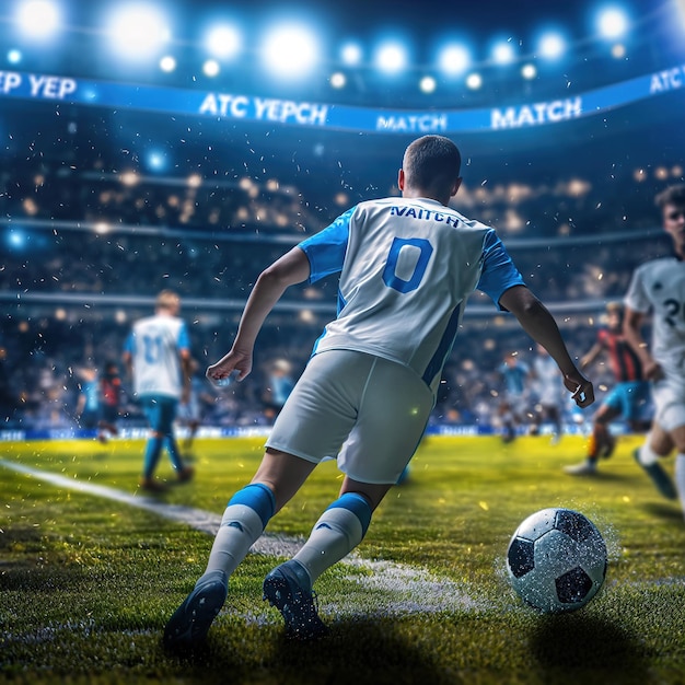 A dynamic scene in a football stadium at dusk smoke and crowd