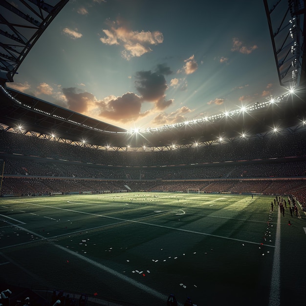 A dynamic scene in a football stadium at dusk smoke and crowd