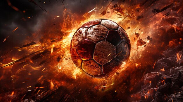 Dynamic scene of a football with sparks flying as if being passed at high speed on a fiery red field