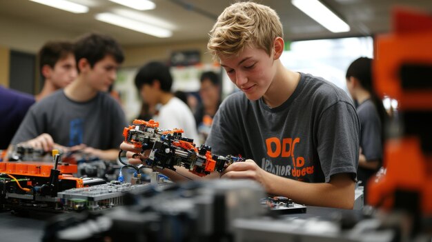 a dynamic scene of highenergy university students participating in a handson robotics project with some assembling components while others program the robots the lab filled with cuttingedge