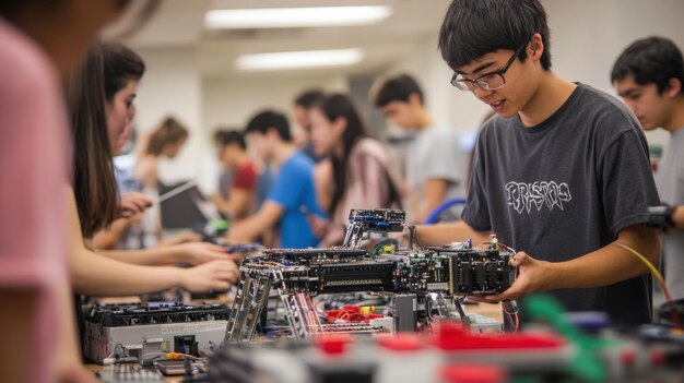 高能量的大學生參與一個手工機械人計劃的動態場景, 有些人組裝部件, 其他人編程機器人.