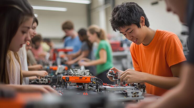 Photo 드슨 로 프로젝트에 참여하는 고에너지 대학생들의 역동적인 장면, 일부 구성 요소를 조립하는 동안 다른 사람들은 로을 프로그래밍합니다.