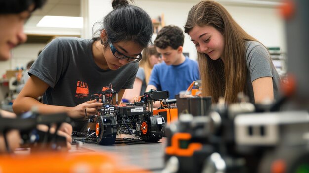 उच्च-ऊर्जा विश्वविद्यालय के छात्रों का एक गतिशील दृश्य एक हैंड्स-ऑन रोबोटिक्स परियोजना में भाग ले रहा है, कुछ घटकों को इकट्ठा कर रहे हैं जबकि अन्य रोबोट को प्रोग्राम कर रहे हैं, प्रयोगशाला अत्याधुनिक से भरी हुई है
