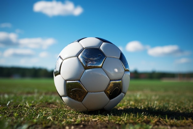 Dynamic scene soccer ball graces the expansive sports field ready for competition