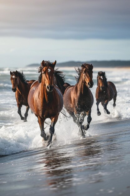 a dynamic scene of wild horses running along the shoreline