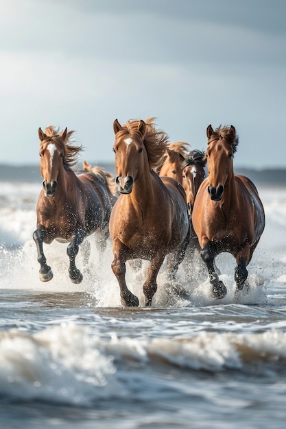 Photo a dynamic scene of wild horses running along the shoreline