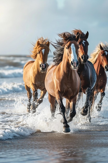 a dynamic scene of wild horses running along the shoreline