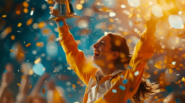 Photo a dynamic scene of a woman winning a trophy captured at the exact moment of her victory confetti in the air and the crowd cheering highlighting her achievement and happiness cre ai generative