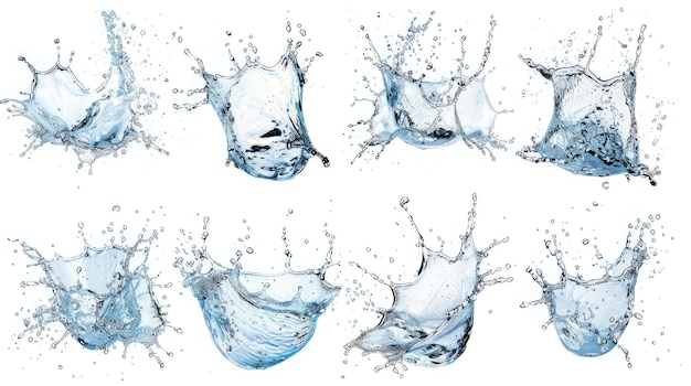 a dynamic set of water splashes frozen in time isolated on a pristine white background embodying the essence of refreshment