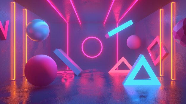 Dynamic shapes floating in a neonlit void 3D style isolated flying objects memphis style 3D render AI generated illustration