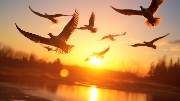 Динамичный снимок, на котором запечатлена стая птиц в полете на фоне заходящего солнца.