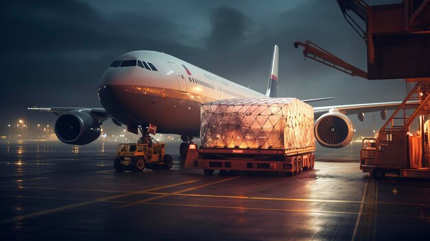 A dynamic shot of a freight plane being loaded with cargo
