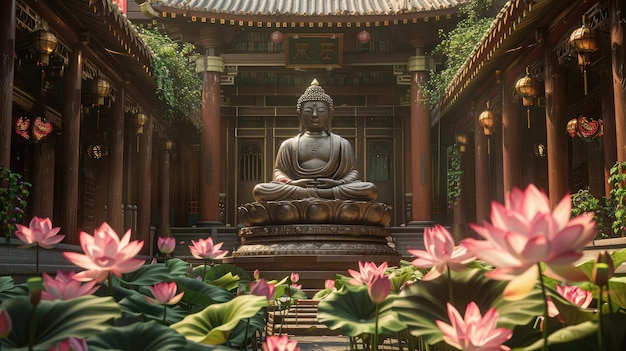 Фото Динамичный снимок буддийского храмового двора с величественной статуей будды, окруженной цветущими цветами лотоса, излучающими спокойствие и духовную благодать.