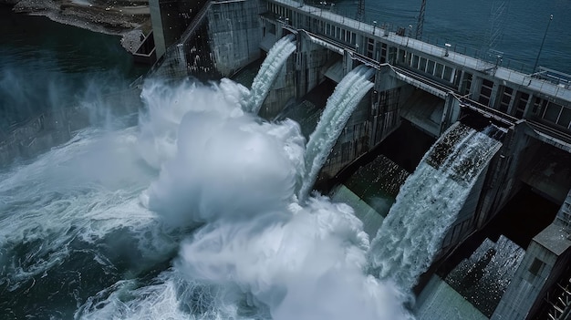 Фото Динамический кадр гидроэлектростанции, высвобождающей воду для производства электроэнергии, демонстрирующий эффективное и устойчивое использование природных ресурсов