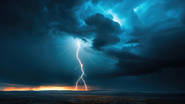 写真 ダイナミックな雷のショットが暗くて嵐の空の中で地面に打つ輝く光のフラッシュで景色を照らす