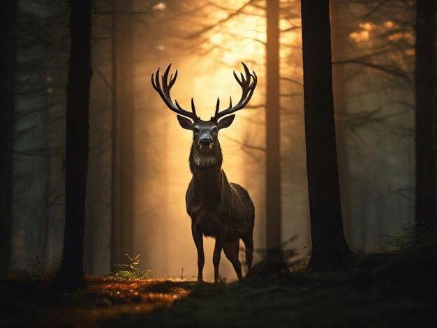 Foto scatto dinamico della silhouette di un cervo con grandi corna in una luce di tramonto della foresta molto densa