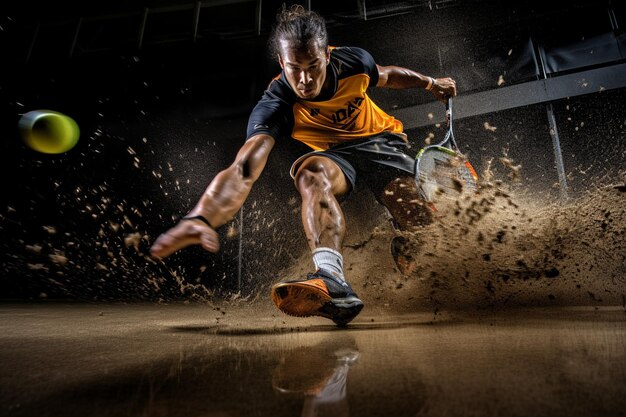 Dynamic shot of a squash players powerful hit