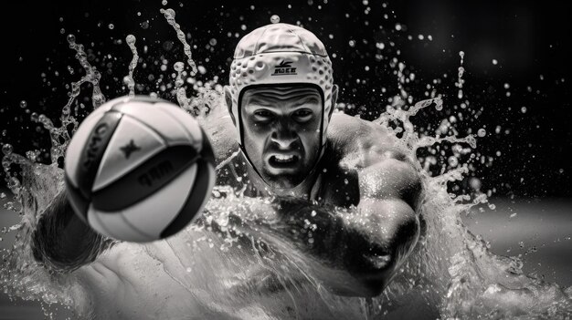 Photo dynamic shot water polo player in powerful shot at goal