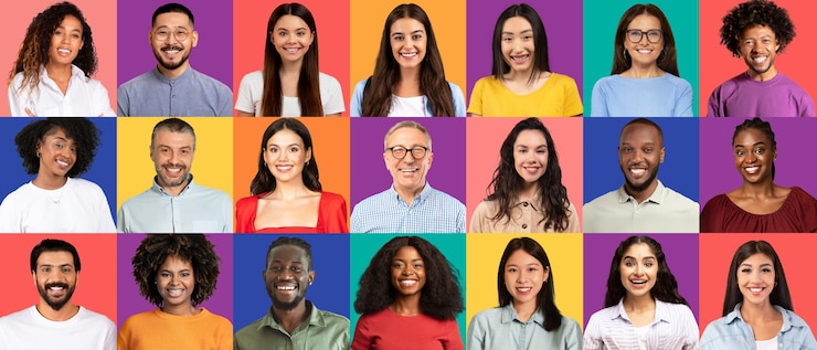 Photo a dynamic showcase of smiling individuals from various ethnicities in modern attire