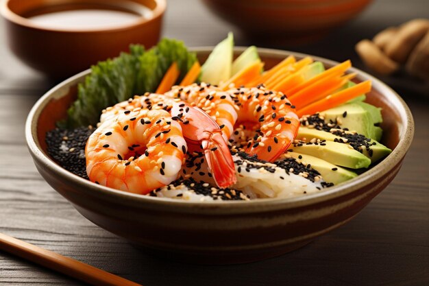 Dynamic shrimp and crab legs sushi bowl recipe with sesame dressing