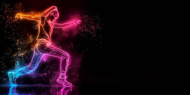 Динамический скелетный силуэт уличной танцовщицы в неоновых цветах на черном фоне место для текста концепция рекламы танцевальных мероприятий плакаты и баннеры графический дизайн эмоциональное самовыражение