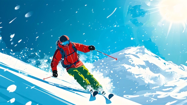 Dynamic skier carving through fresh powder on a sunny day Vivid colors actionpacked sports illustration Perfect for winter themes AI