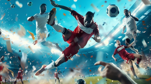 Dynamic soccer game with a lot of action Players in red and white uniforms are competing for the ball in midair