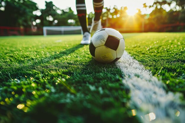 Photo dynamic soccer player in action on the field with ball