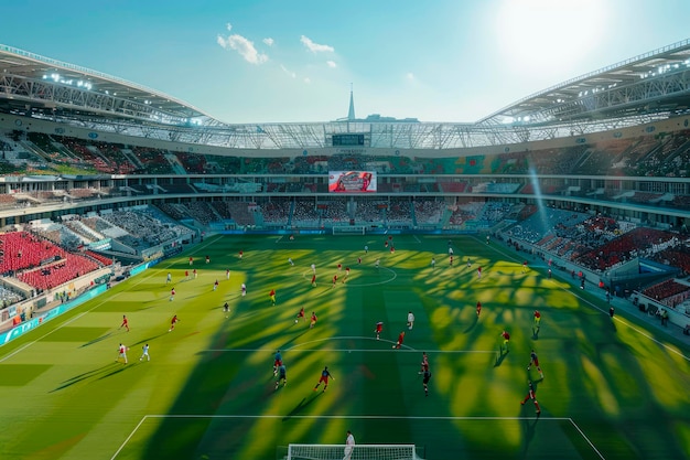 Photo dynamic soccer players in motion against majestic stadium backdrop a stunning panoramic view