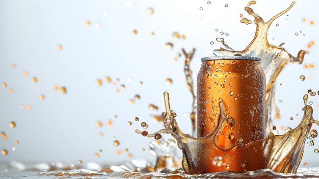 Photo dynamic soda can with splashing liquid against a grey background