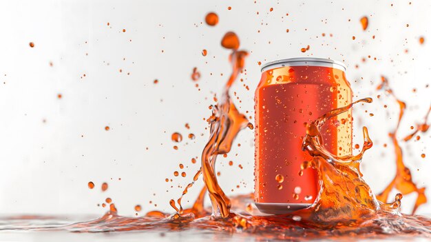 Dynamic Soda Can with Splashing Liquid Against a Grey Background