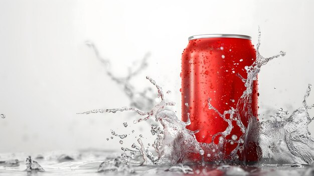 Dynamic Soda Can with Splashing Liquid on White Background