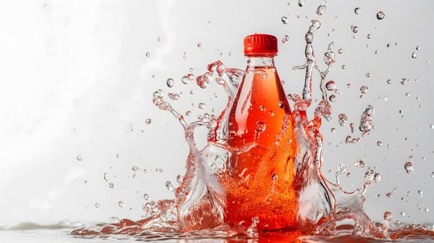 Dynamic Splash of Beverage in Bottle with Bubbles and Reflections