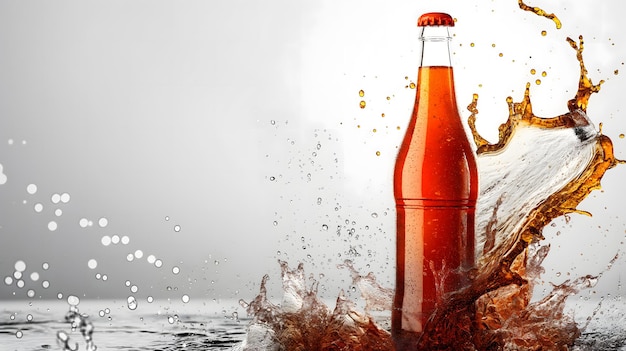 Dynamic Splash of Beverage in Bottle with Bubbles and Reflections