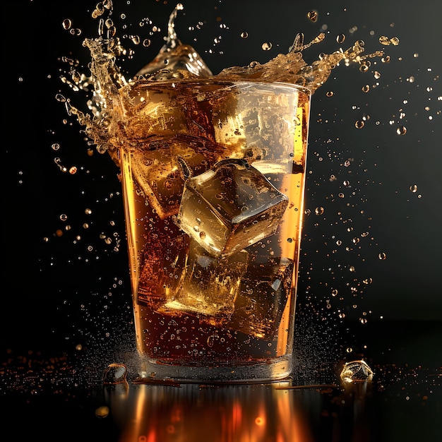 Dynamic splash in glass of cola with ice cubes refreshing beverage concept studio shot on dark background AI