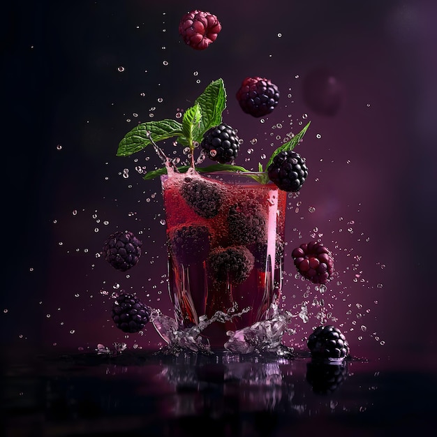 Dynamic Splash of Juice with Blackberries and Mint Leaves