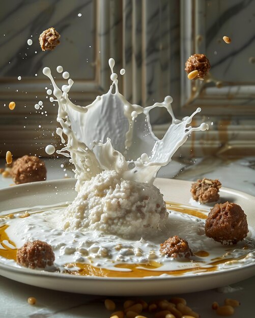 Foto splash dinamico di latte con palle di cioccolato e salsa al caramello su un piatto elegante contro ornato