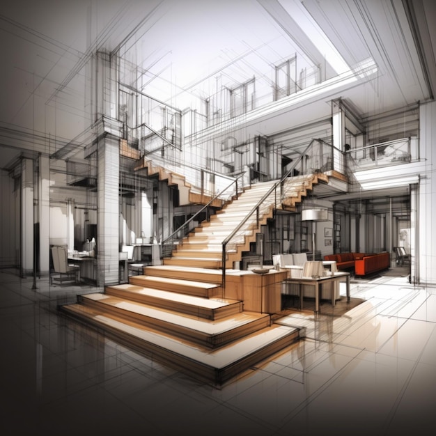 Dynamic staircase concept Sketch design of hall 3D wireframe visualization presented For Social Med