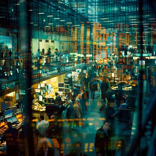 Photo dynamic stock exchange floor with traders amid digital stock boards