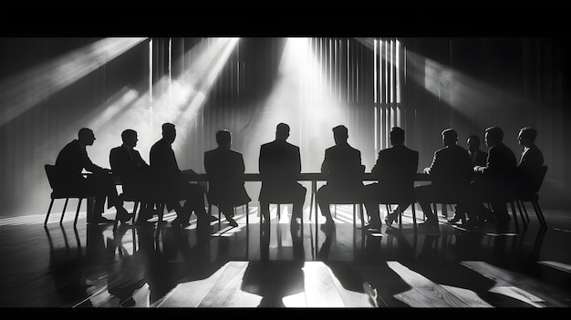 Dynamic Strategic Discussion Silhouetted Businessmen in Modern Boardroom