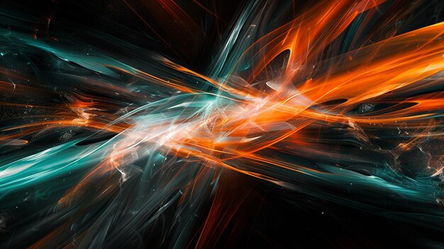 Photo dynamic streaks of neon orange and cool teal slashing across a dark space conveying a sense of speed and energy in an abstract digital universe