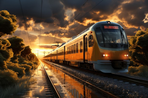 Dynamic summer scene train stands out under cloudy hot weather