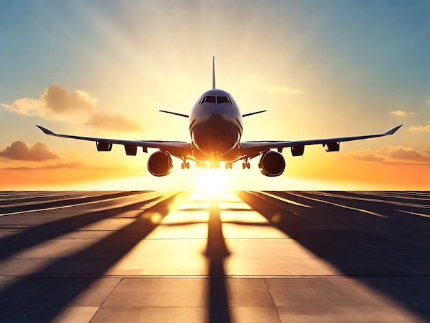 Dynamic Sunrise Silhouette Airplane Soaring Over Runway