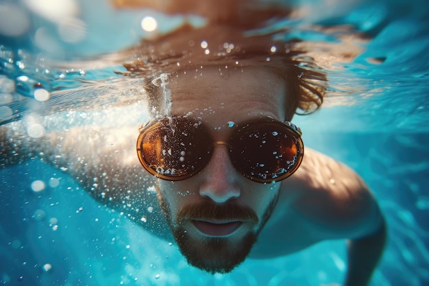 眼鏡 を 着け て 水中 に 潜る 動的 な 泳ぎ手